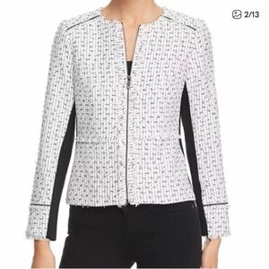 Karl Lagerfeld Paris Structured Tweed Zip-Front Jacket in White and Black